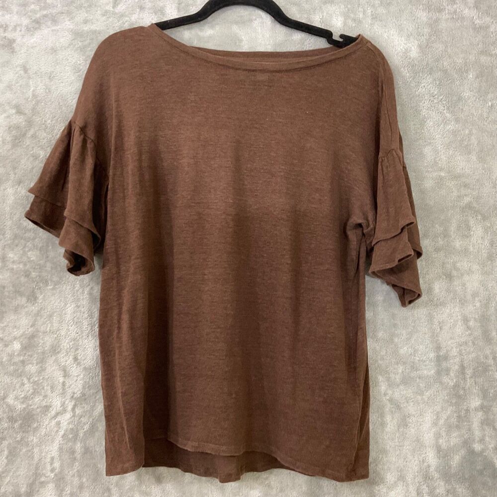 J. Jill Love Linen 100% Linen Top women’s size S Brown Knit Tiered Short Sleeve